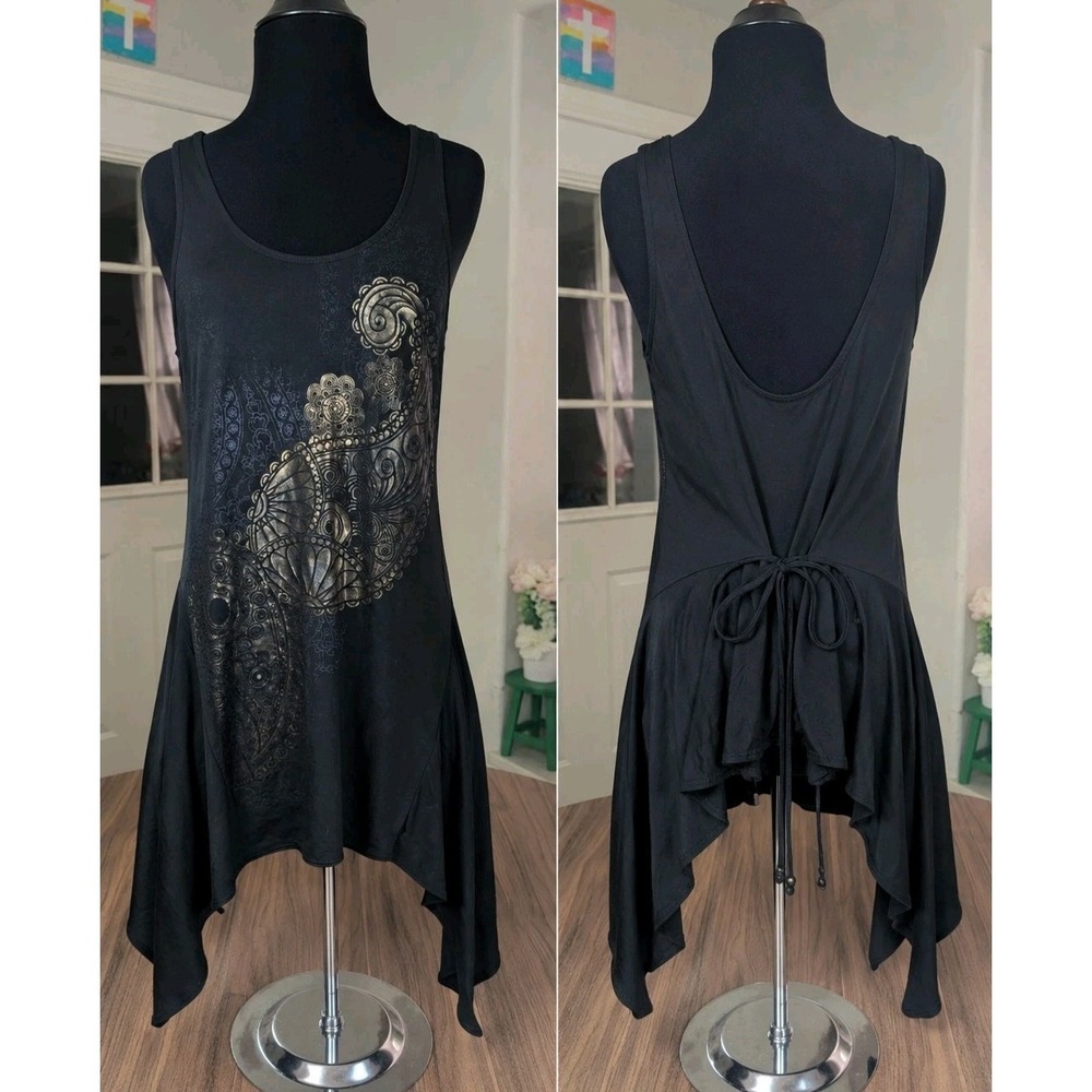 Belle Amie Black Paisley Handkerchief Hem Tank Tunic Top Y2K Boho Festival Chic